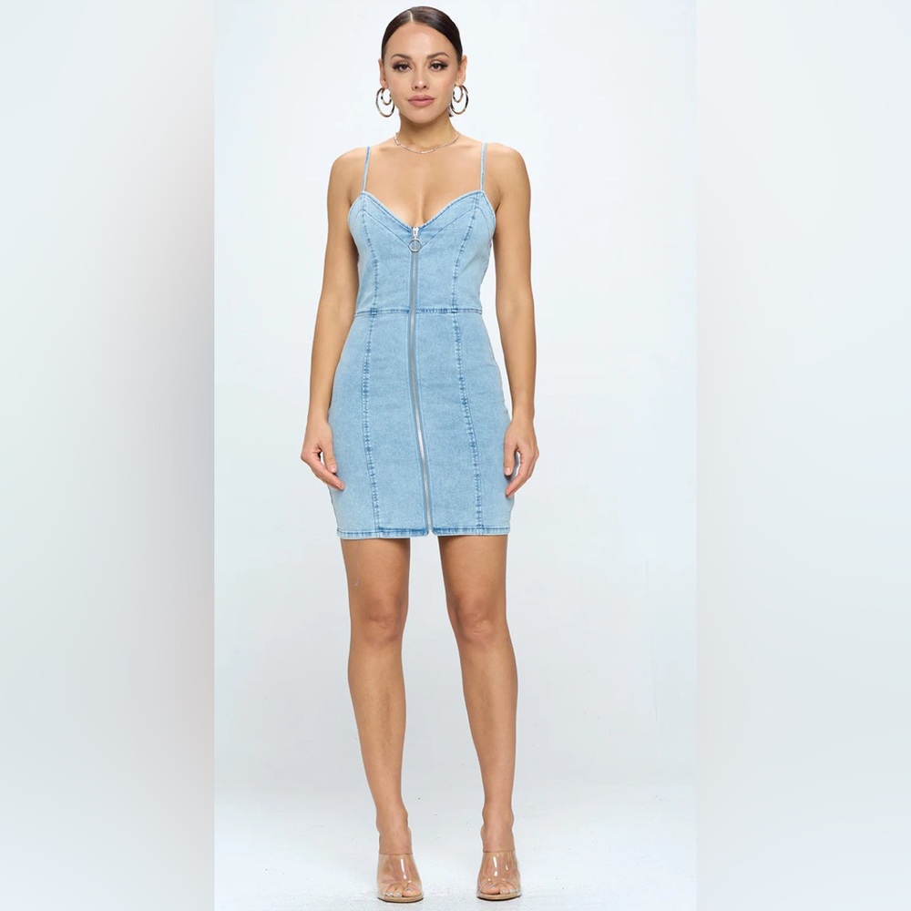 American Bazi Los Angeles ZIPPER FRONT CLOSURE DENIM BODYCON DRESS Large New